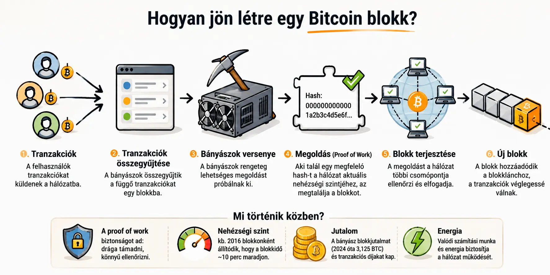 A Bitcoin bányászat folyamata: tranzakciók, blokk, hash és proof of work egyszerű ábrán