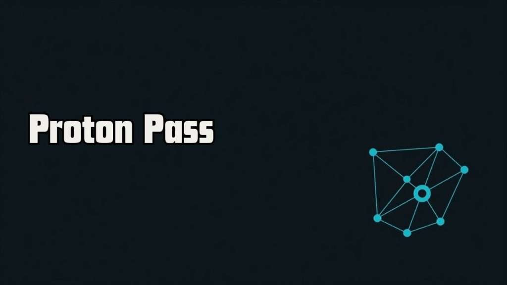 Proton Pass felirat sötét háttéren, hideg teal színű vonalas hálózati ikonnal, a jelszókezelő digitális biztonságát szimbolizálva